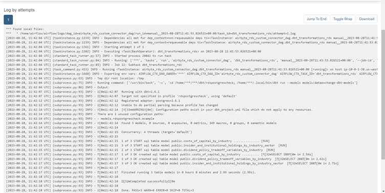 DBT Log Output